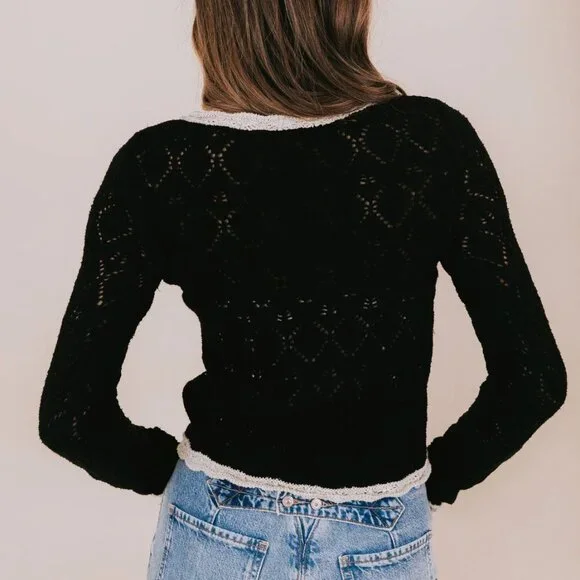 Free People Adelene Cardigan - Black Linen Blend Knit Large $128 - Picture 6 of 10